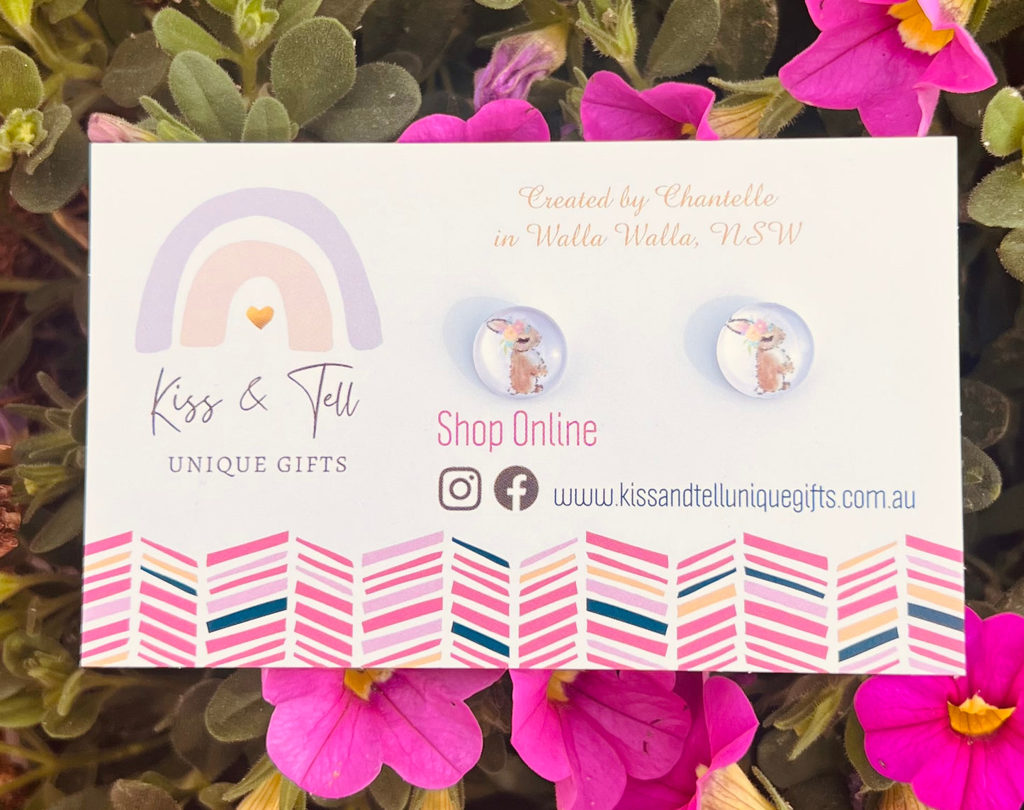 * SALE * Floral Bunny Rabbit Glass Stud Earrings