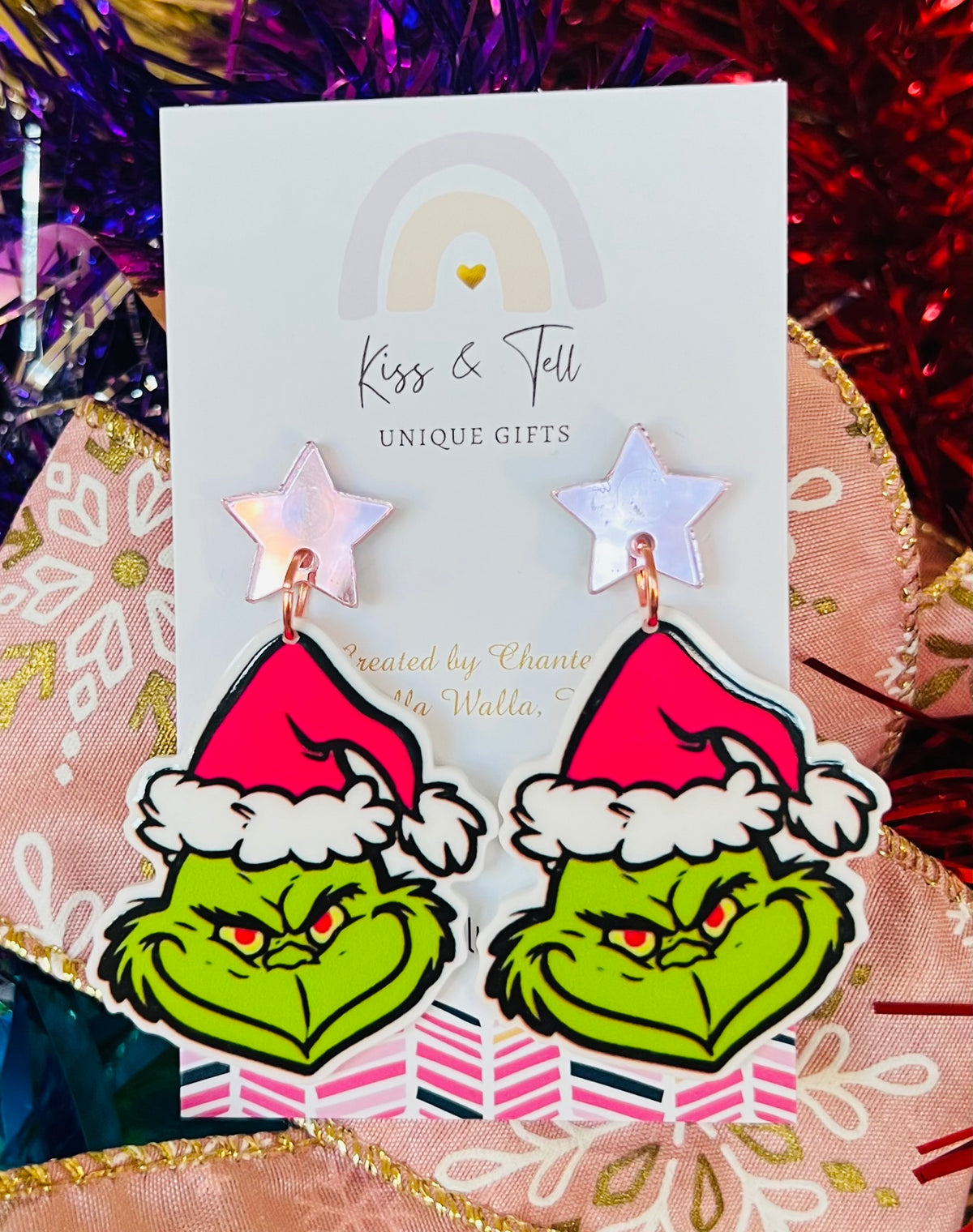 Pink-Hat Grinch Dangle Earrings