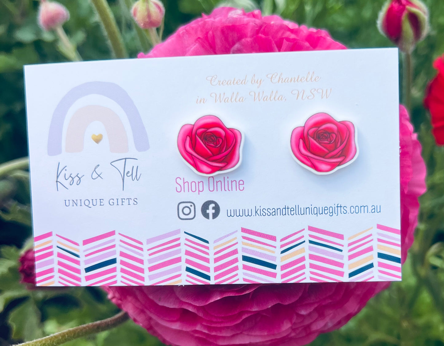 Pink Rose Flower Stud Earrings