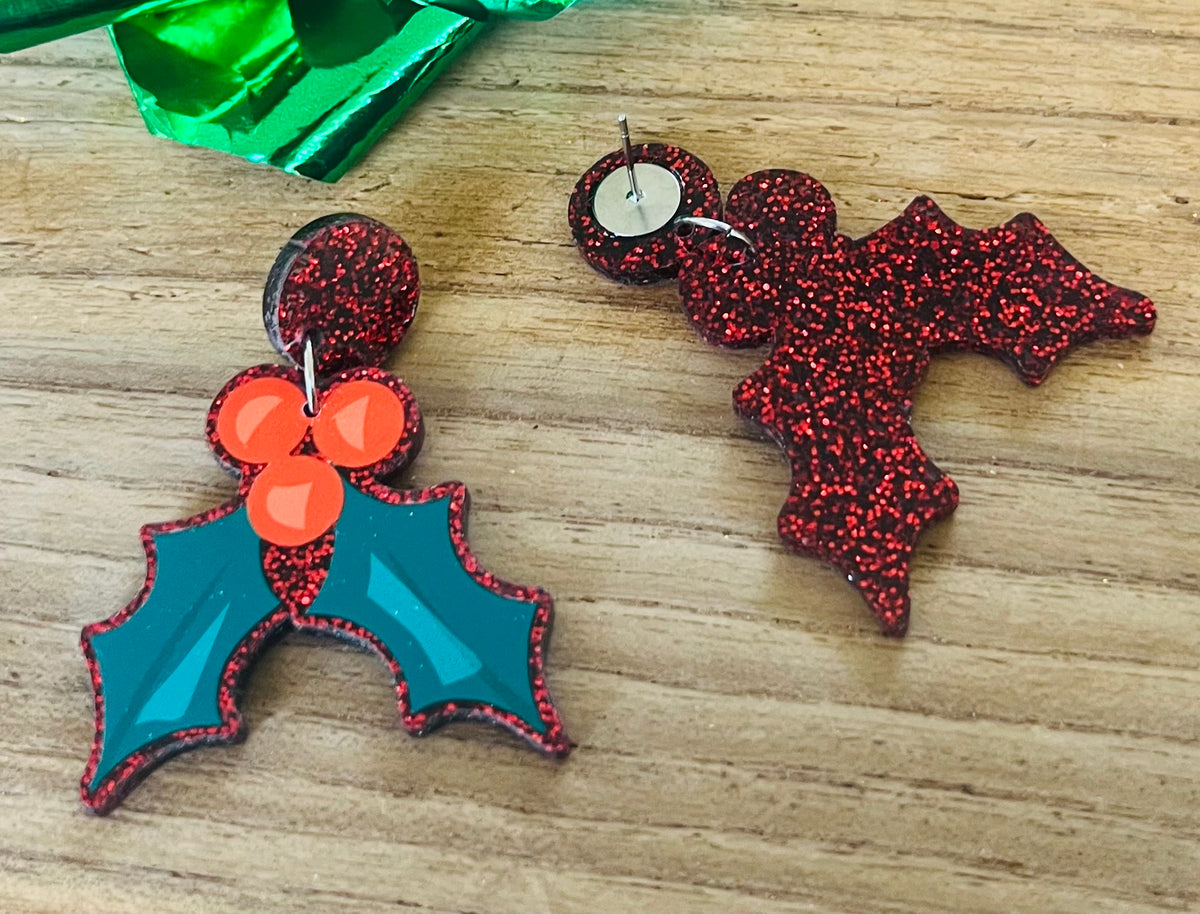 * LAST ONE * Red Glitter Christmas Holly Earrings