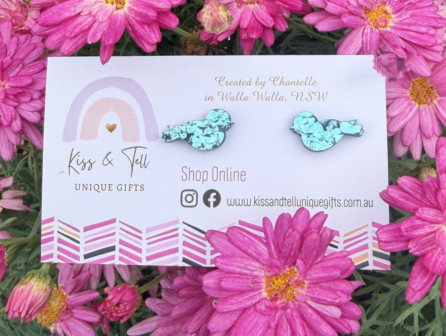 Glitter Blue Bird Stud Earrings