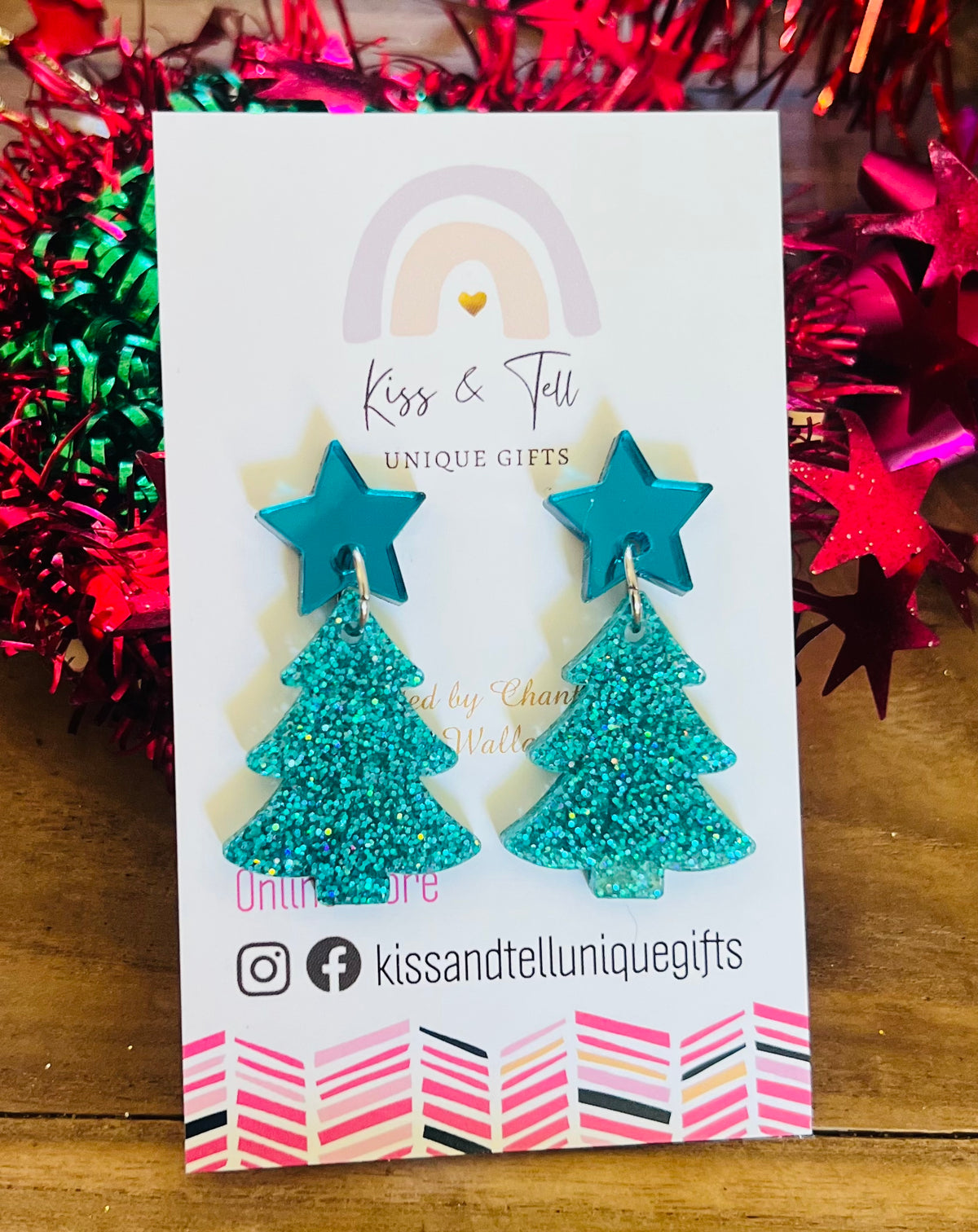 Turquoise Glitter Christmas Tree Dangle Earrings