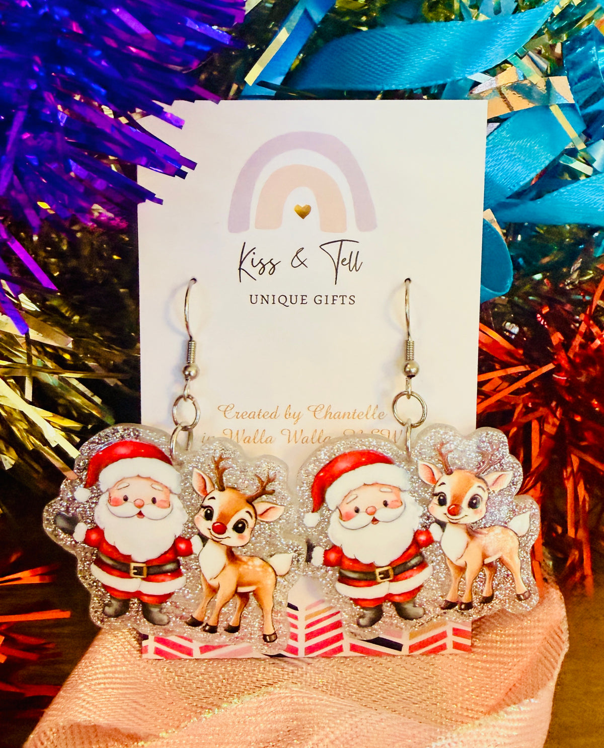 Santa & Rudolph Silver Glitter Dangle Earrings