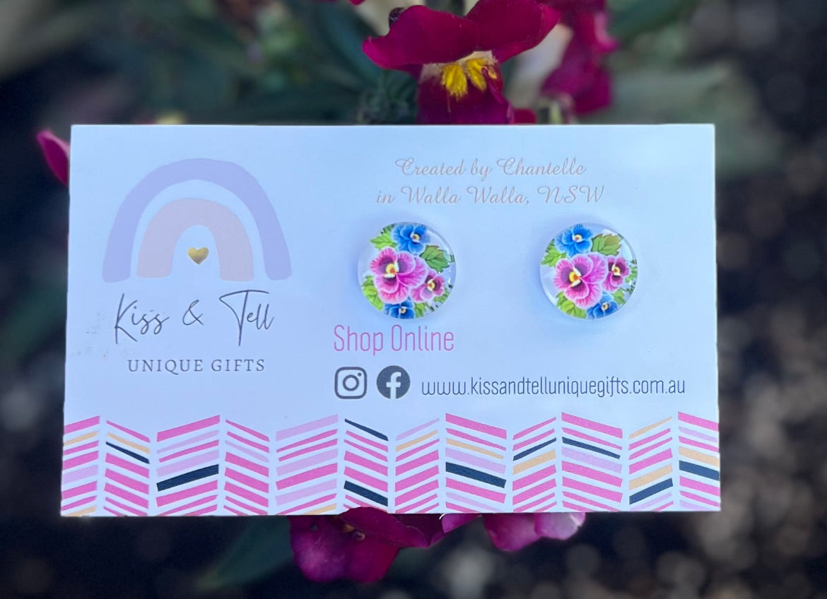 Pansy Flower Glass Stud Earrings