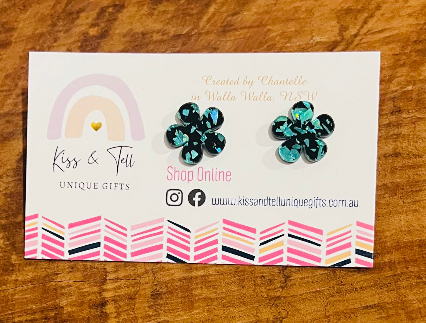 Black & Teal Glitter Flower Stud Earrings