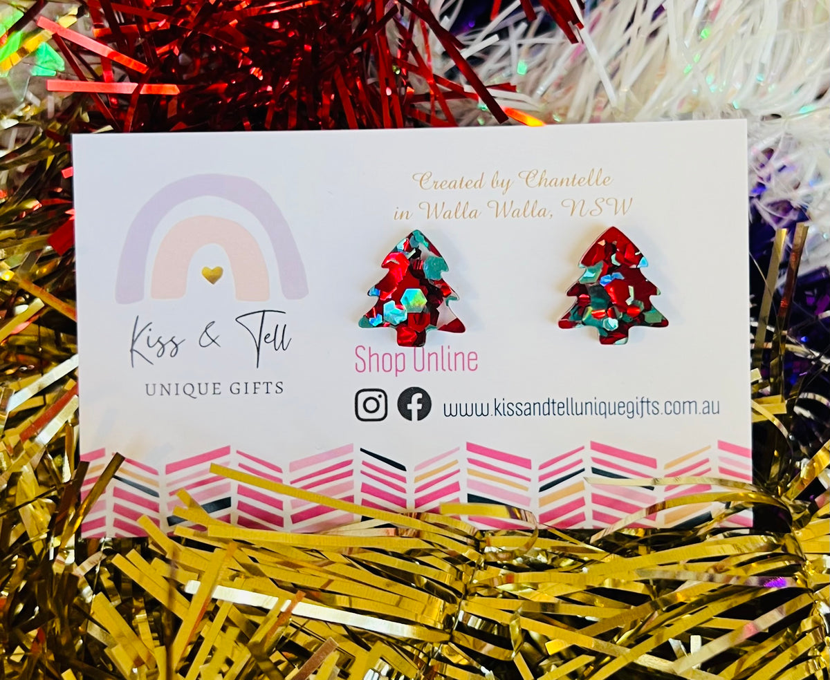 Red & Teal Glitter Christmas Tree Stud Earrings