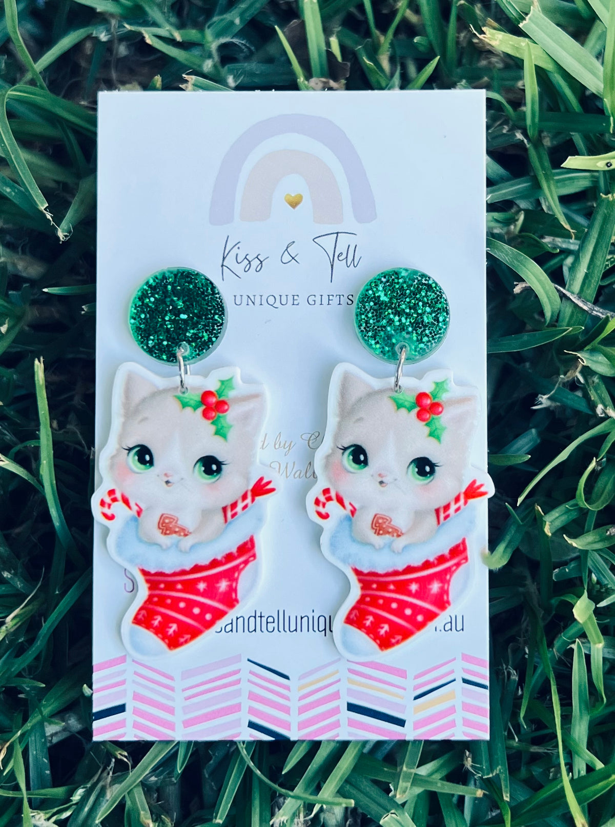 * SALE * Christmas Stocking Kitten Dangle Earrings