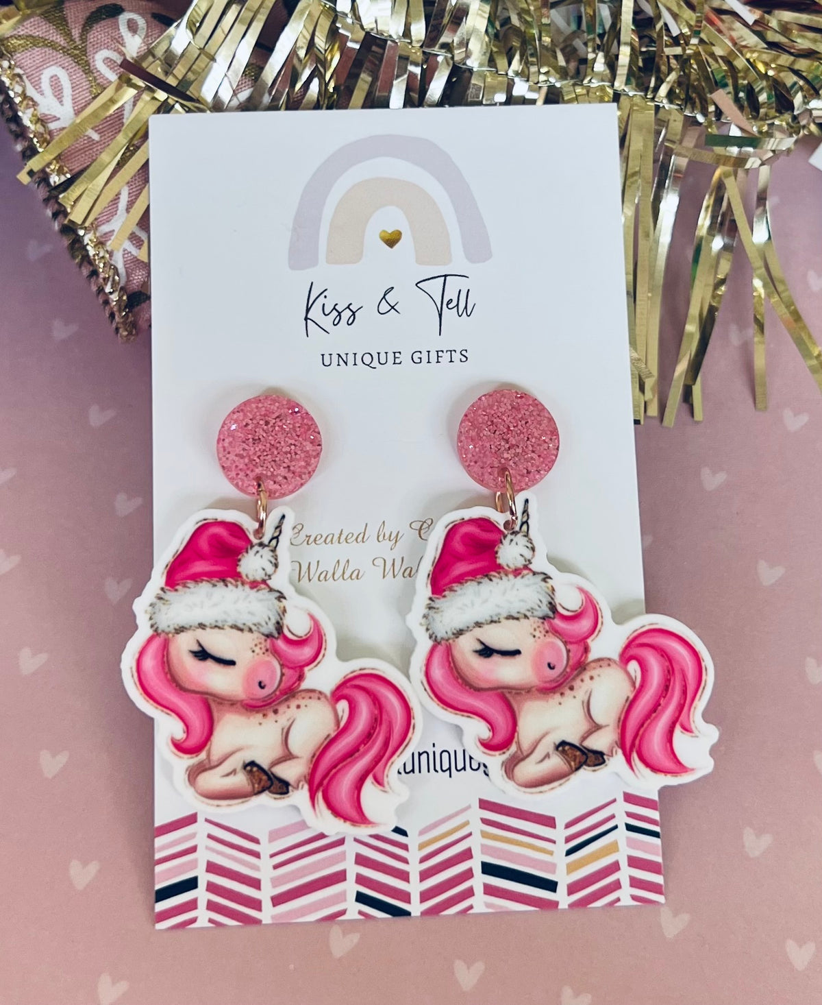 Pink Christmas Unicorn Dangle Earrings
