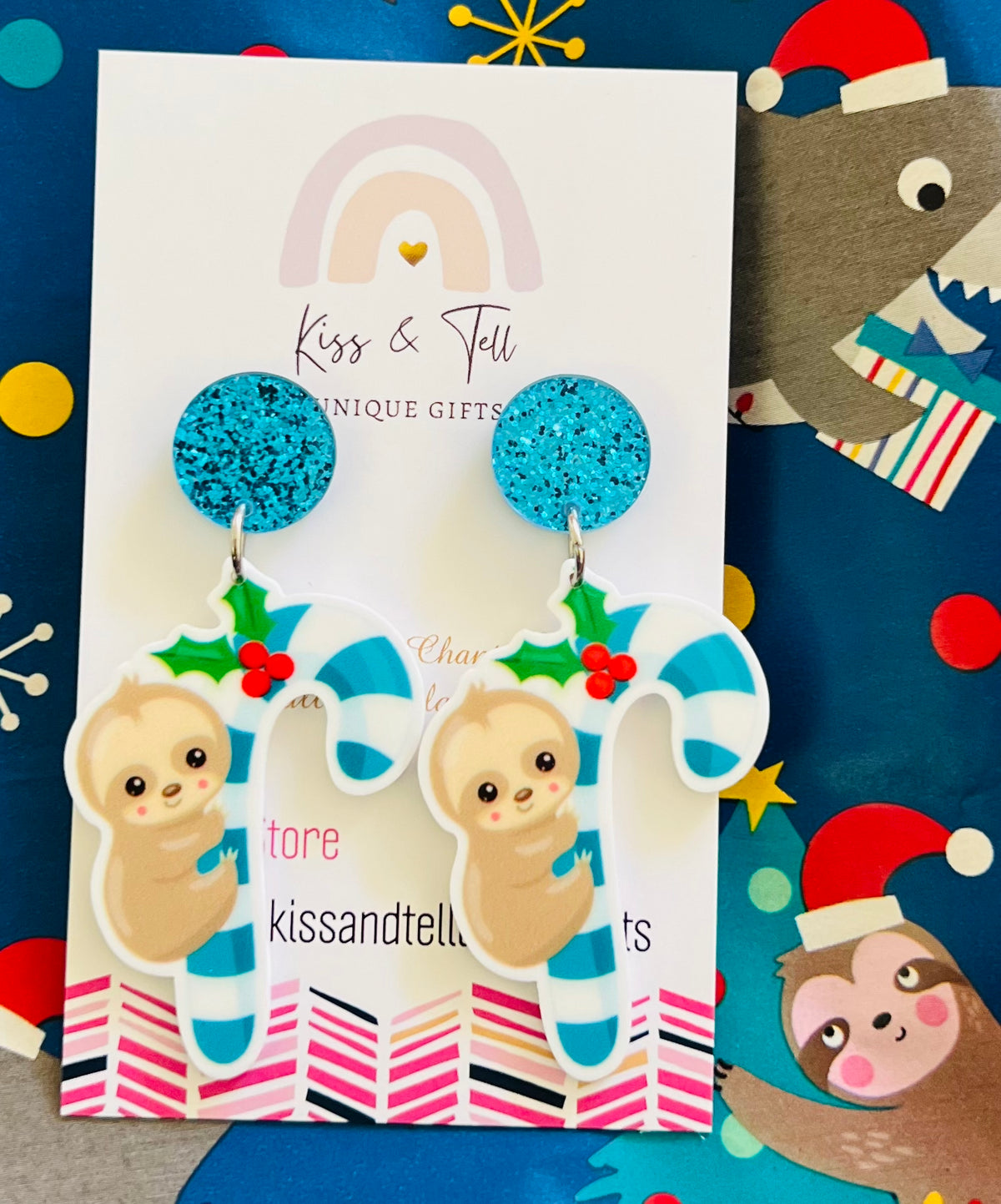 * LAST ONE * Candy Cane Sloth Dangle Earrings