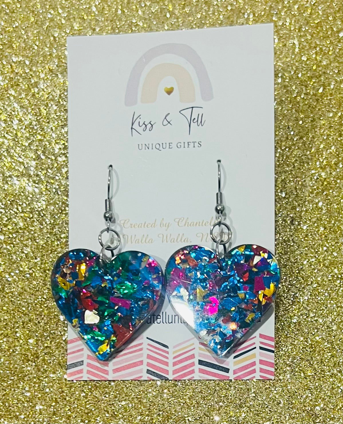 Blue Glitter Heart Dangle Earrings