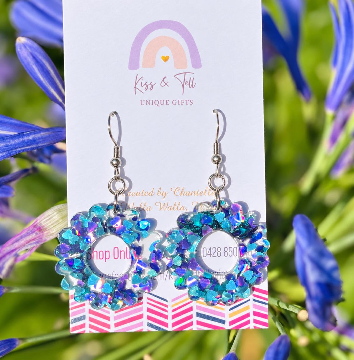 * 1 LEFT * Peacock-Glitter Hearts Dangle Earrings