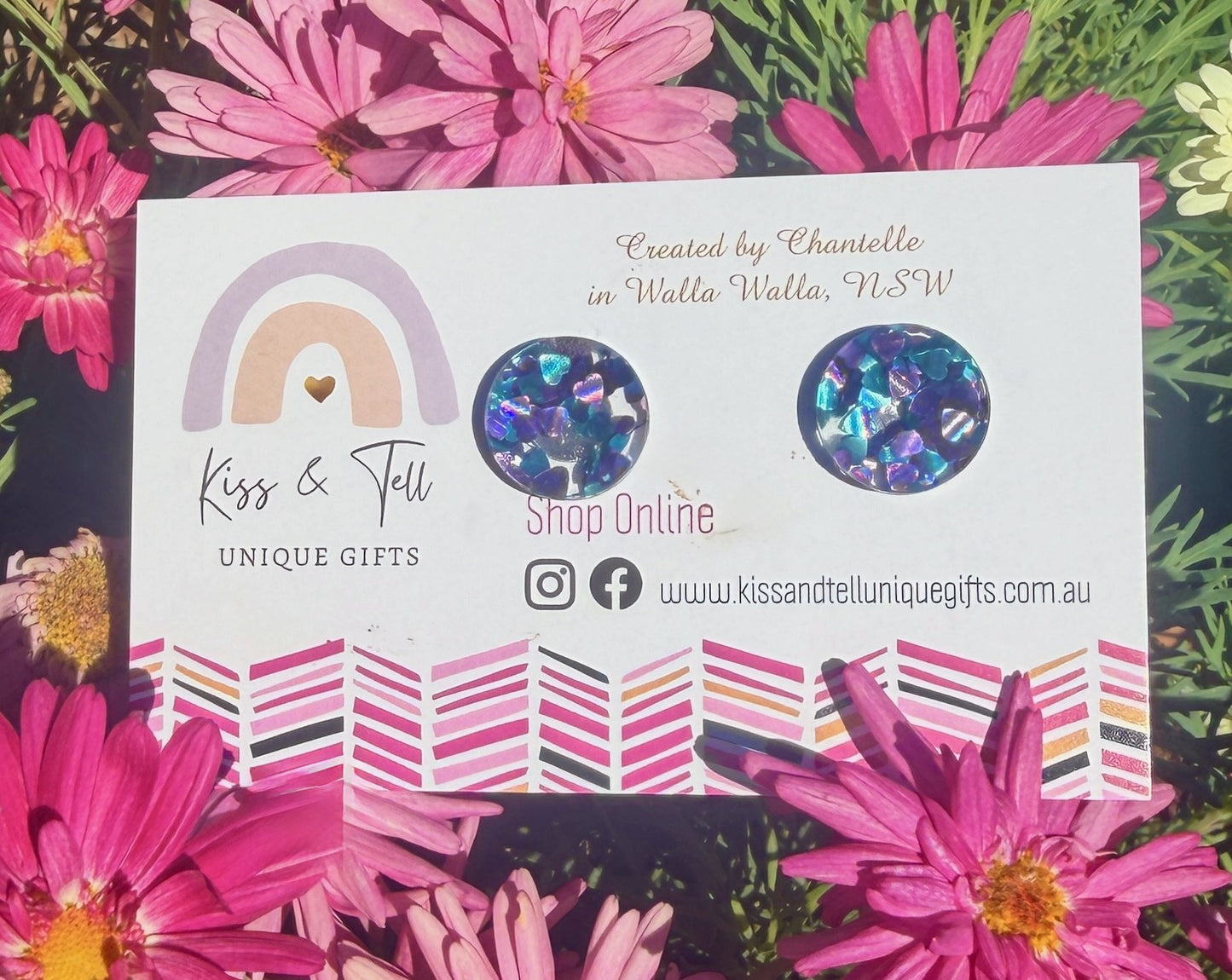 Peacock Glitter Hearts Stud Earrings