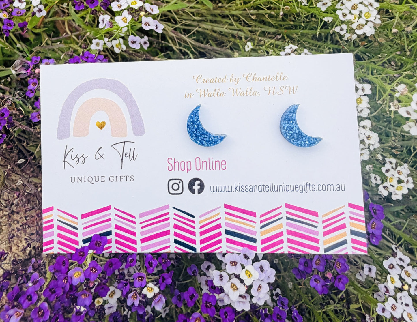 Blue Glitter Moon Stud Earrings