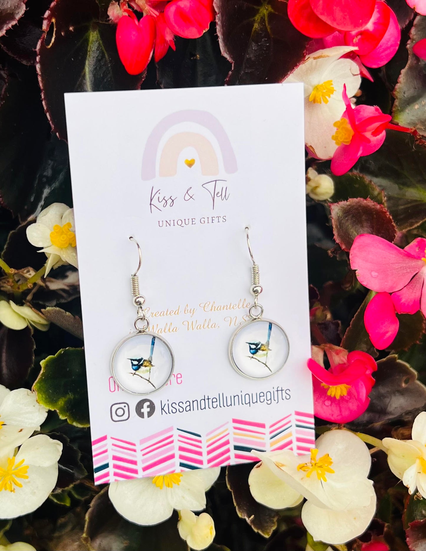 Blue Wren Bird Silver Dangle Earrings