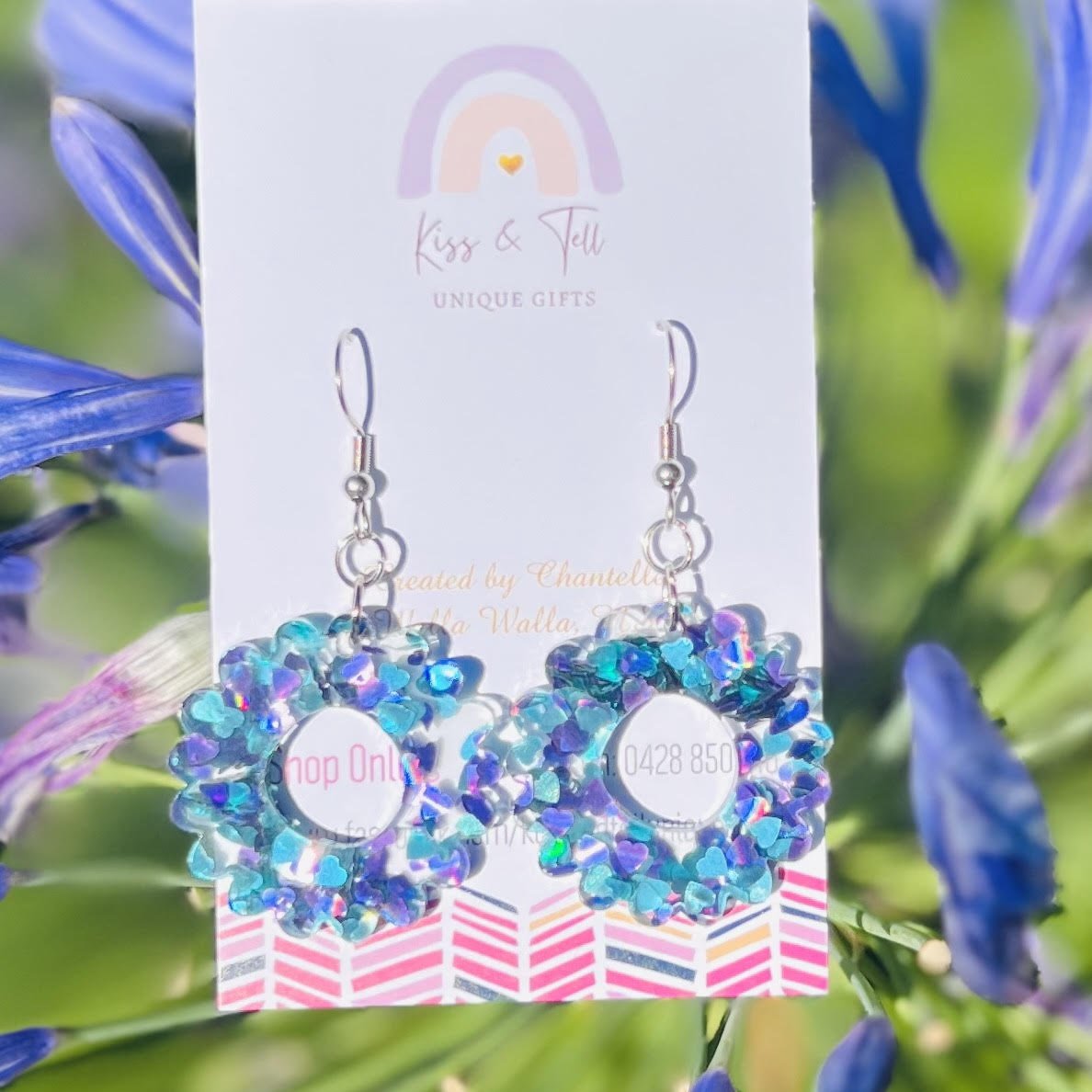 Peacock-Glitter Hearts Dangle Earrings