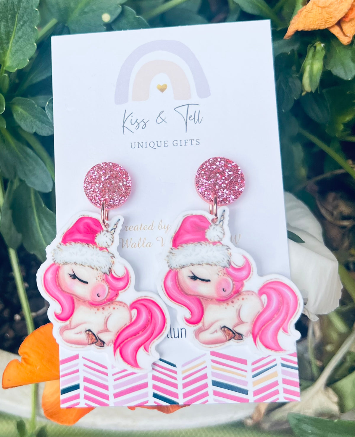 Pink Christmas Unicorn Dangle Earrings
