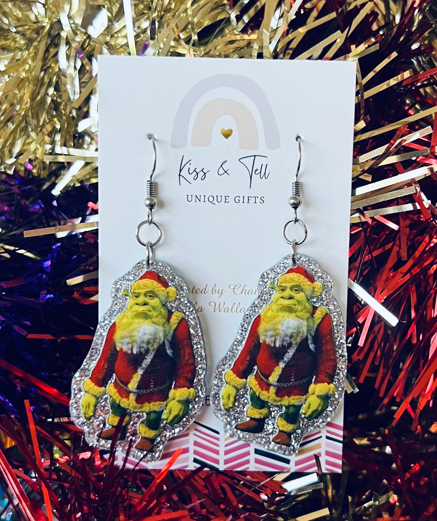 Silver Glitter Christmas Shrek Dangle Earrings