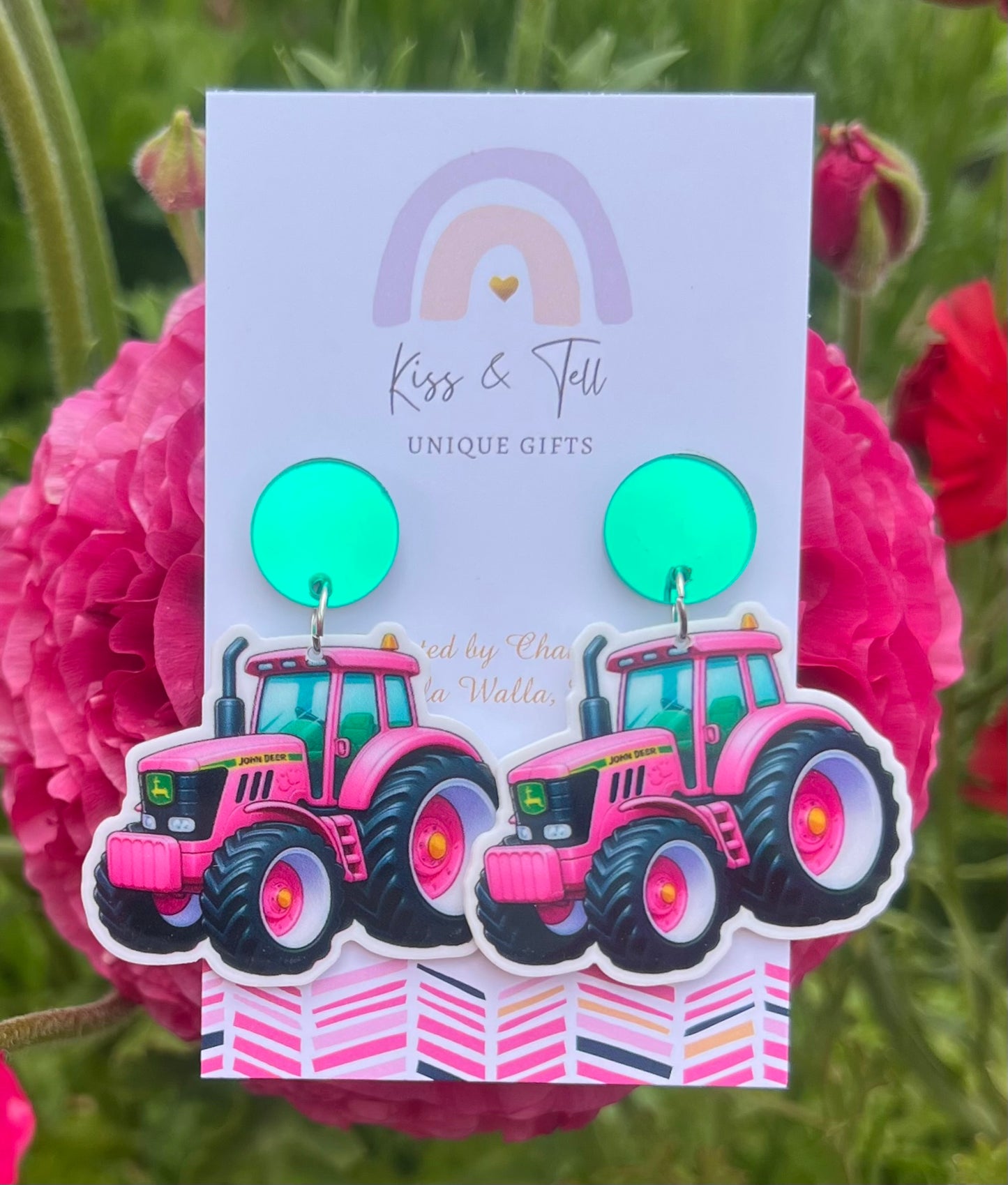 Pink Tractor Dangle Earrings