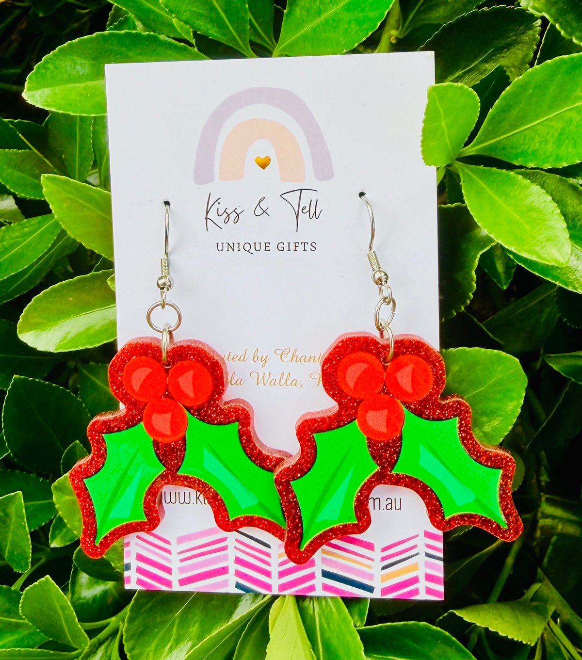 Red Glitter Christmas Holly Dangle Earrings