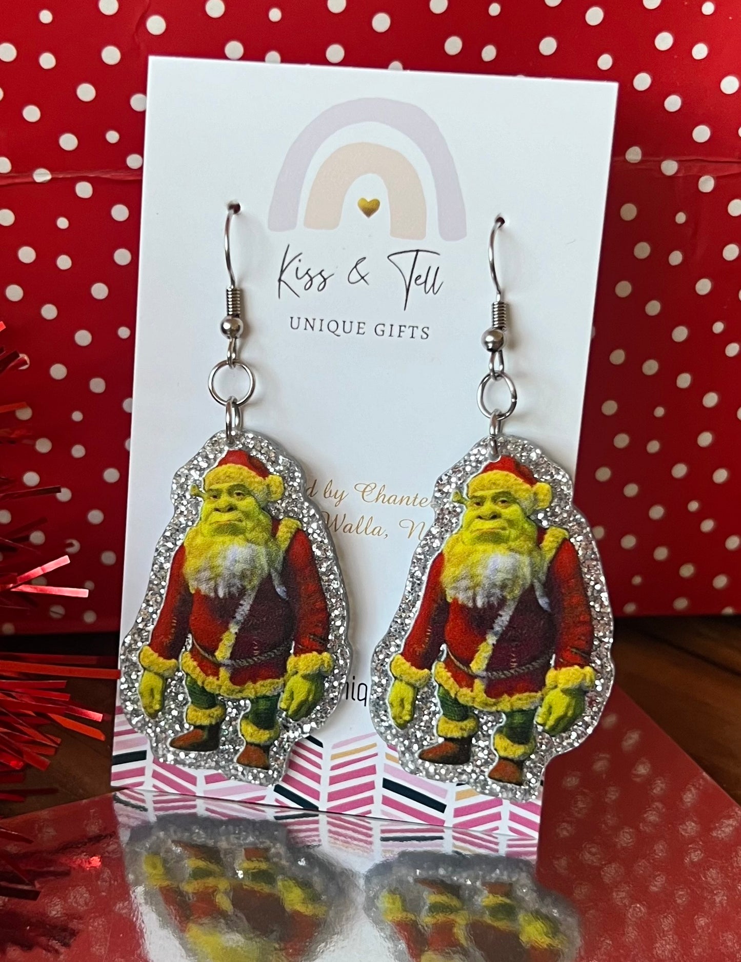 Silver Glitter Christmas Shrek Dangle Earrings