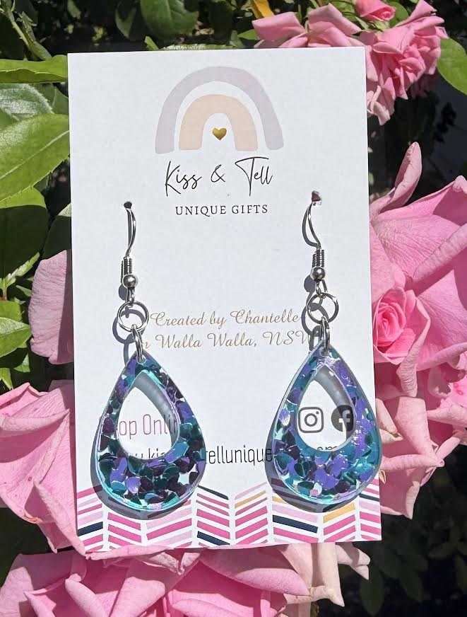 Purple Heart-Glitter Dangle Earrings