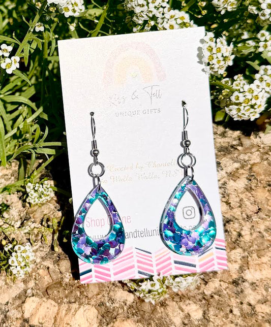 Purple Heart-Glitter Dangle Earrings