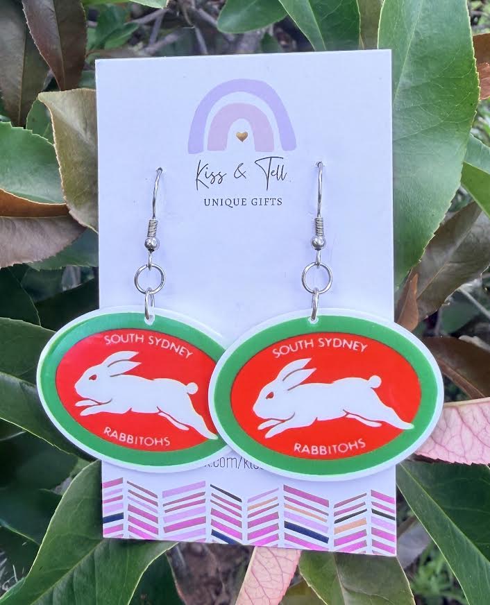 NRL Sth Sydney Rabbitohs Team Dangle Earrings