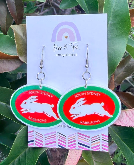 NRL Sth Sydney Rabbitohs Team Dangle Earrings