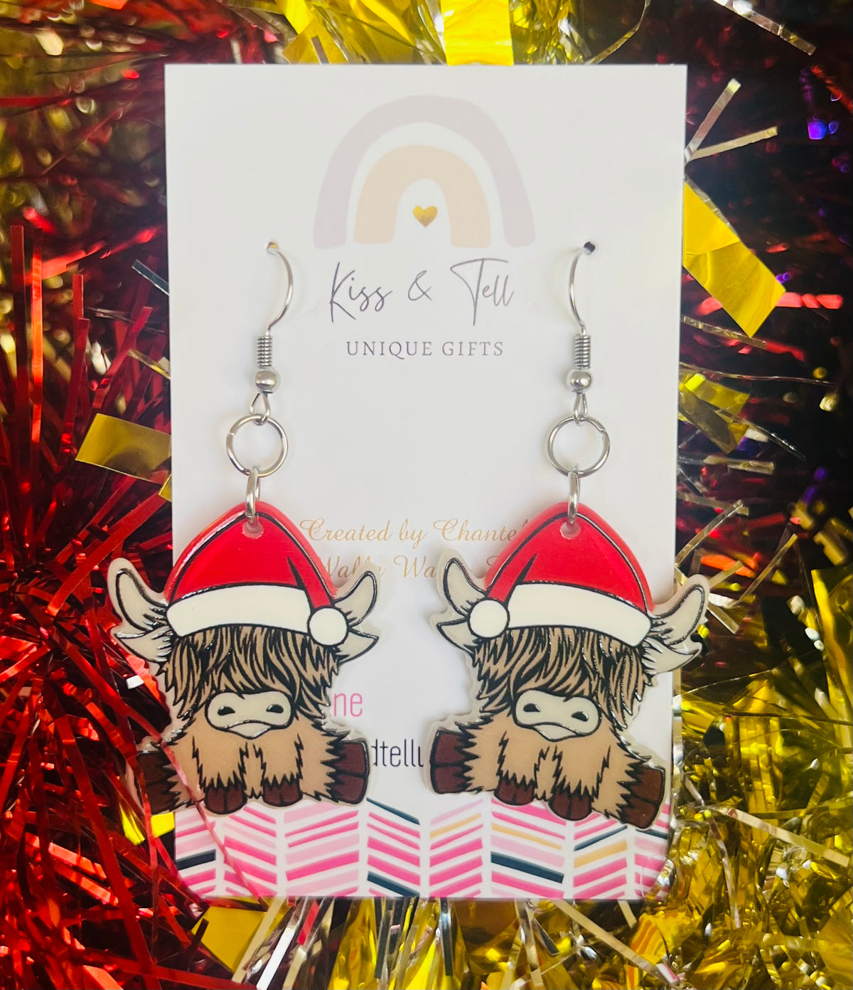 (Double sided) Christmas Highland Cow Dangle Earrings