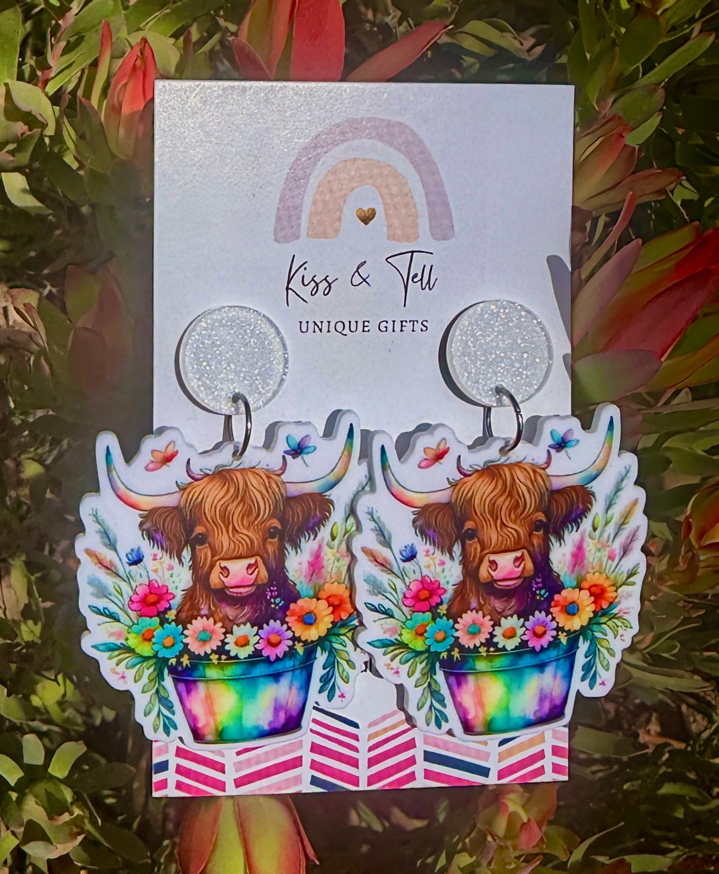 Floral Highland Cows Dangle Earrings