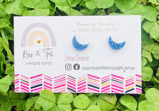 Blue Glitter Moon Stud Earrings