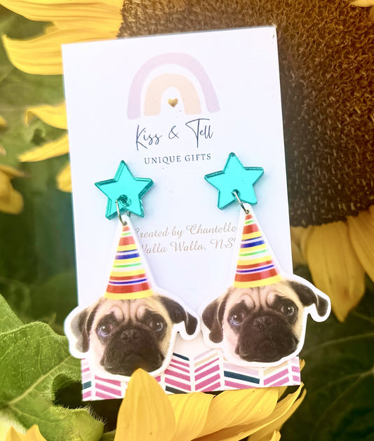 Birthday Pug Dog Earrings