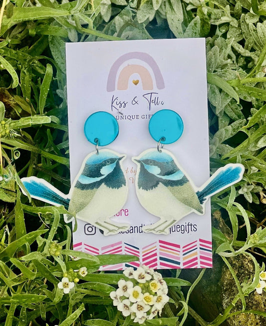 Blue Fairy-Wren Bird Dangle Earrings