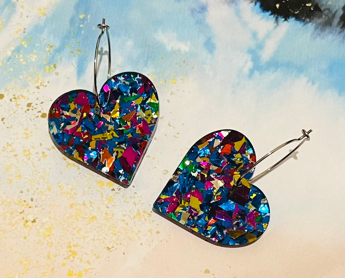 Blue Glitter Heart Acrylic Hoop Earrings