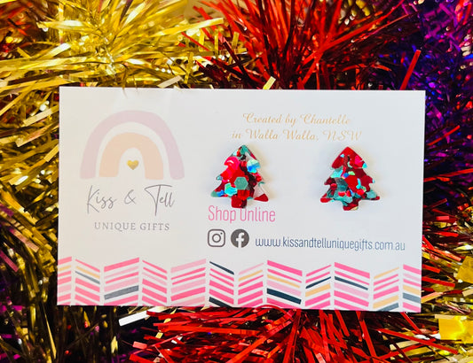 Red & Teal Glitter Christmas Tree Stud Earrings