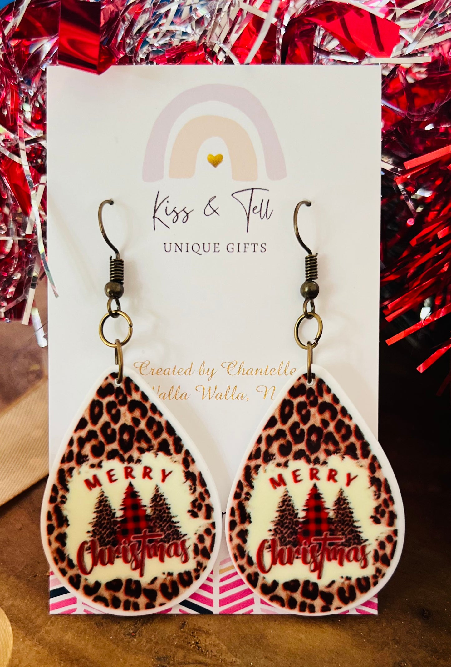 Leopard Print Merry Christmas Dangle Earrings