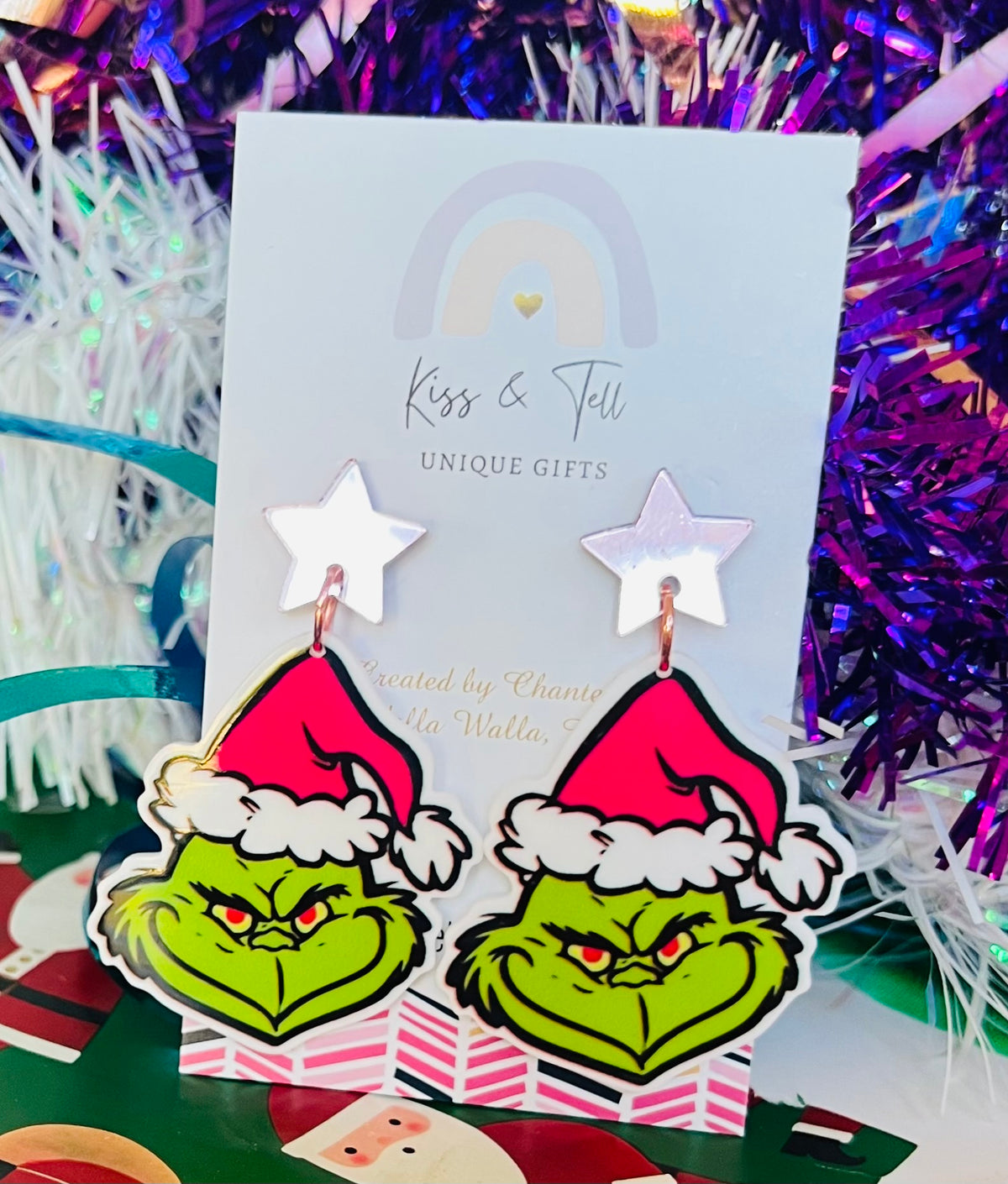Pink-Hat Grinch Dangle Earrings