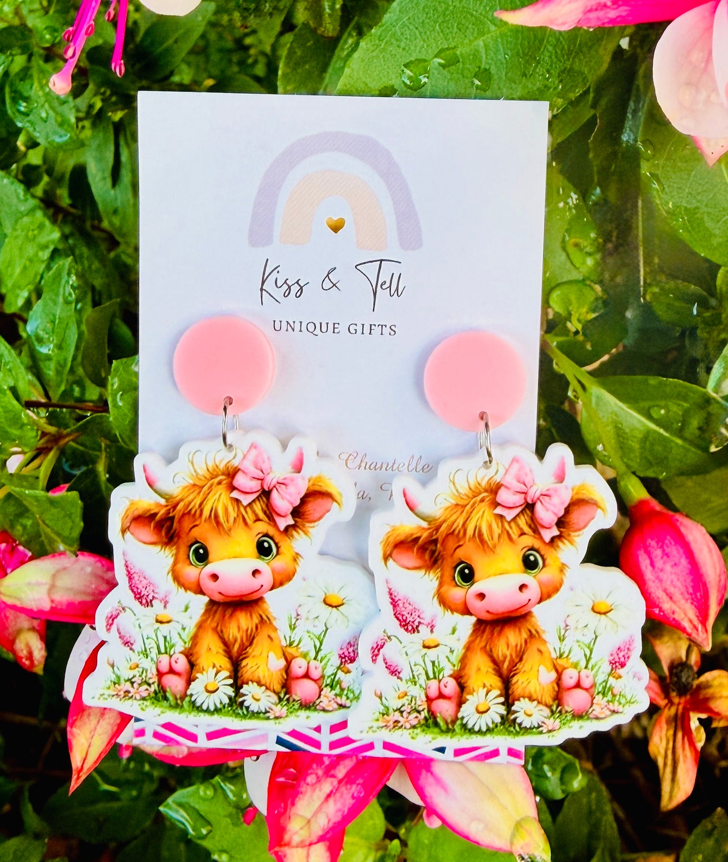 Floral Highland Cows Dangle Earrings