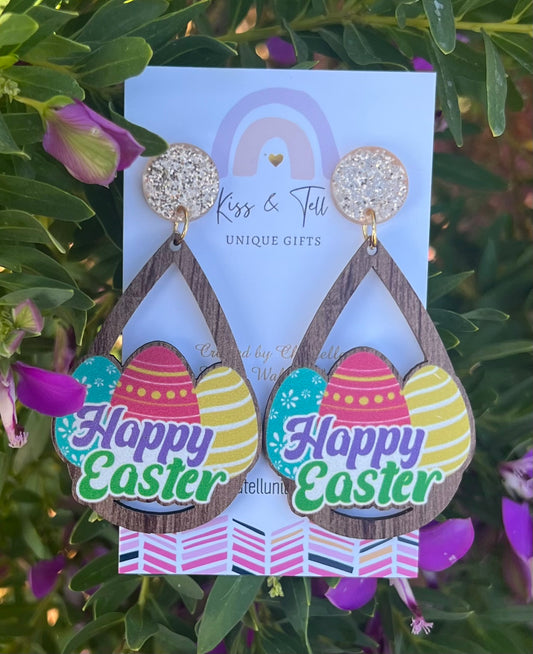 Wooden Easter Egg Dangle Earrings