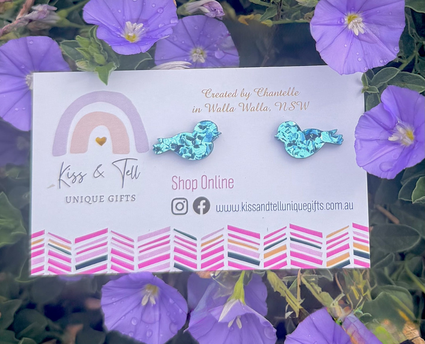 Glitter Blue Bird Stud Earrings