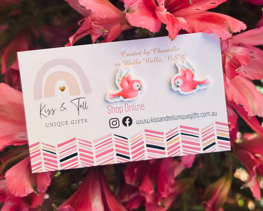 Pink Parrot Bird Stud Earrings