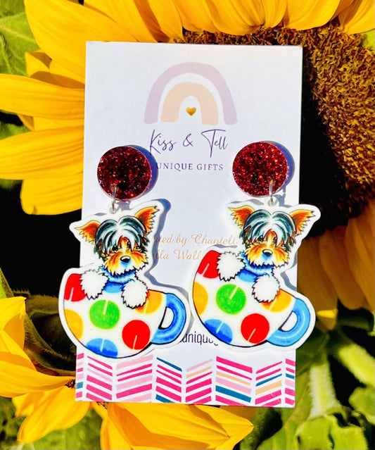 Teacup Dog Dangle Earrings