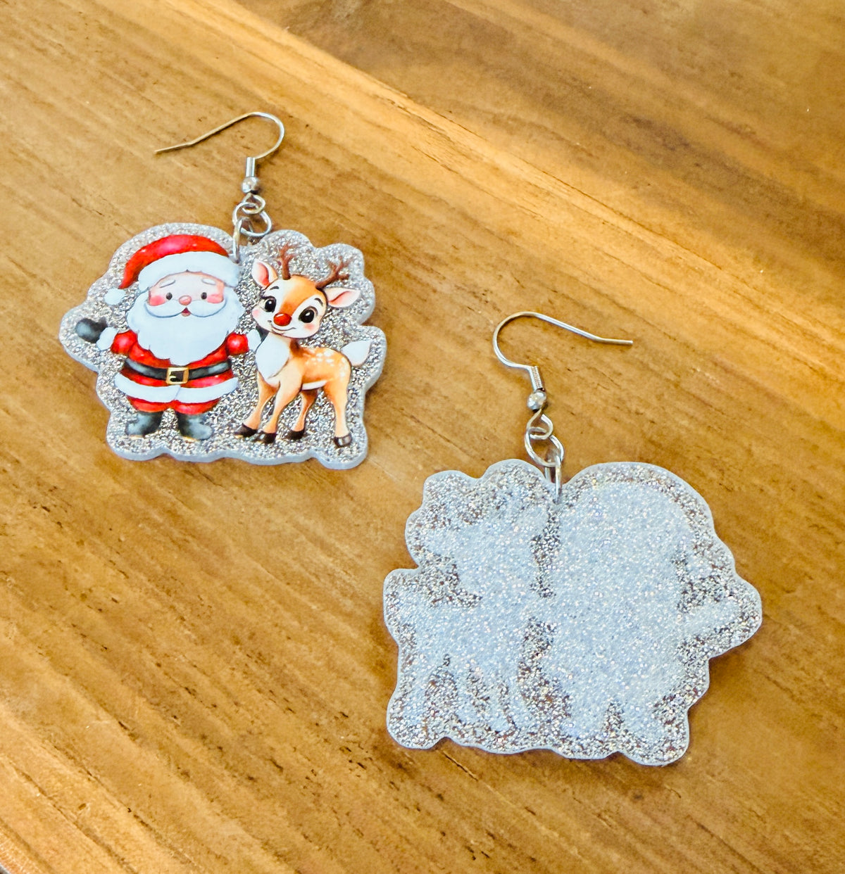 Santa & Rudolph Silver Glitter Dangle Earrings