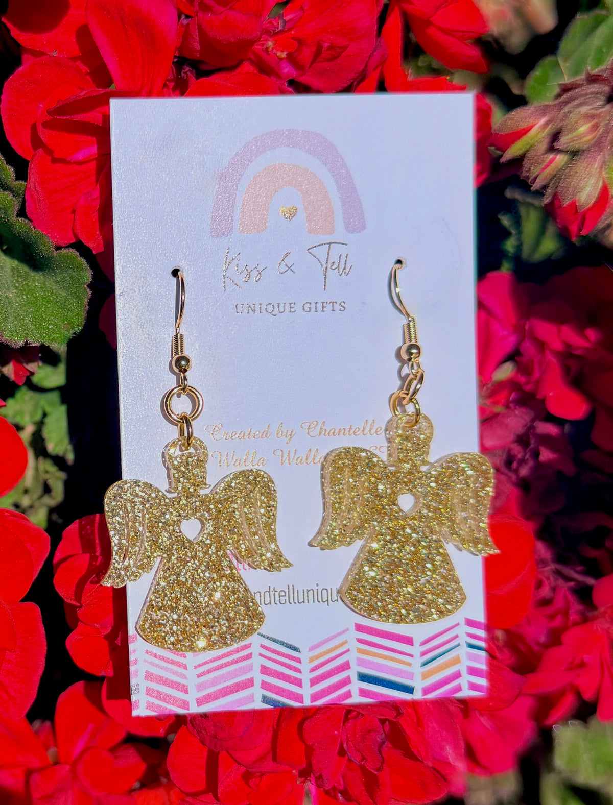 Sparkling Gold Glitter Angel Dangle Earrings