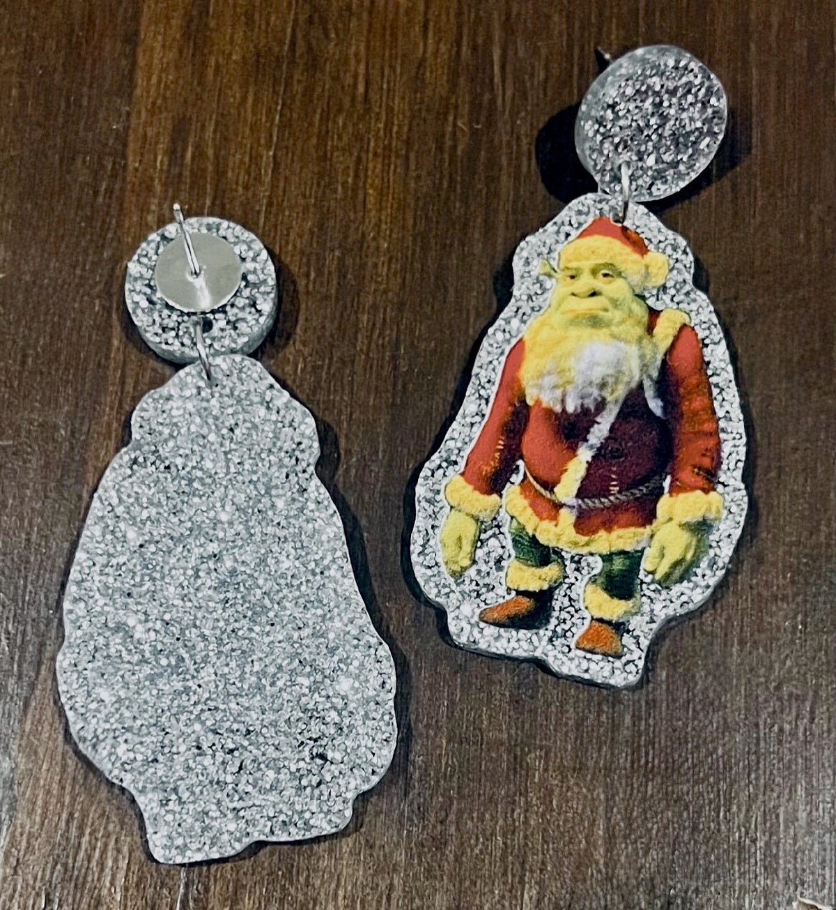 * SALE *  Shrek Silver Glitter Christmas Dangle Earrings