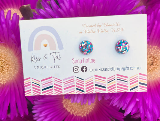 Pink, Aqua & Silver Sparkle Stud Earrings