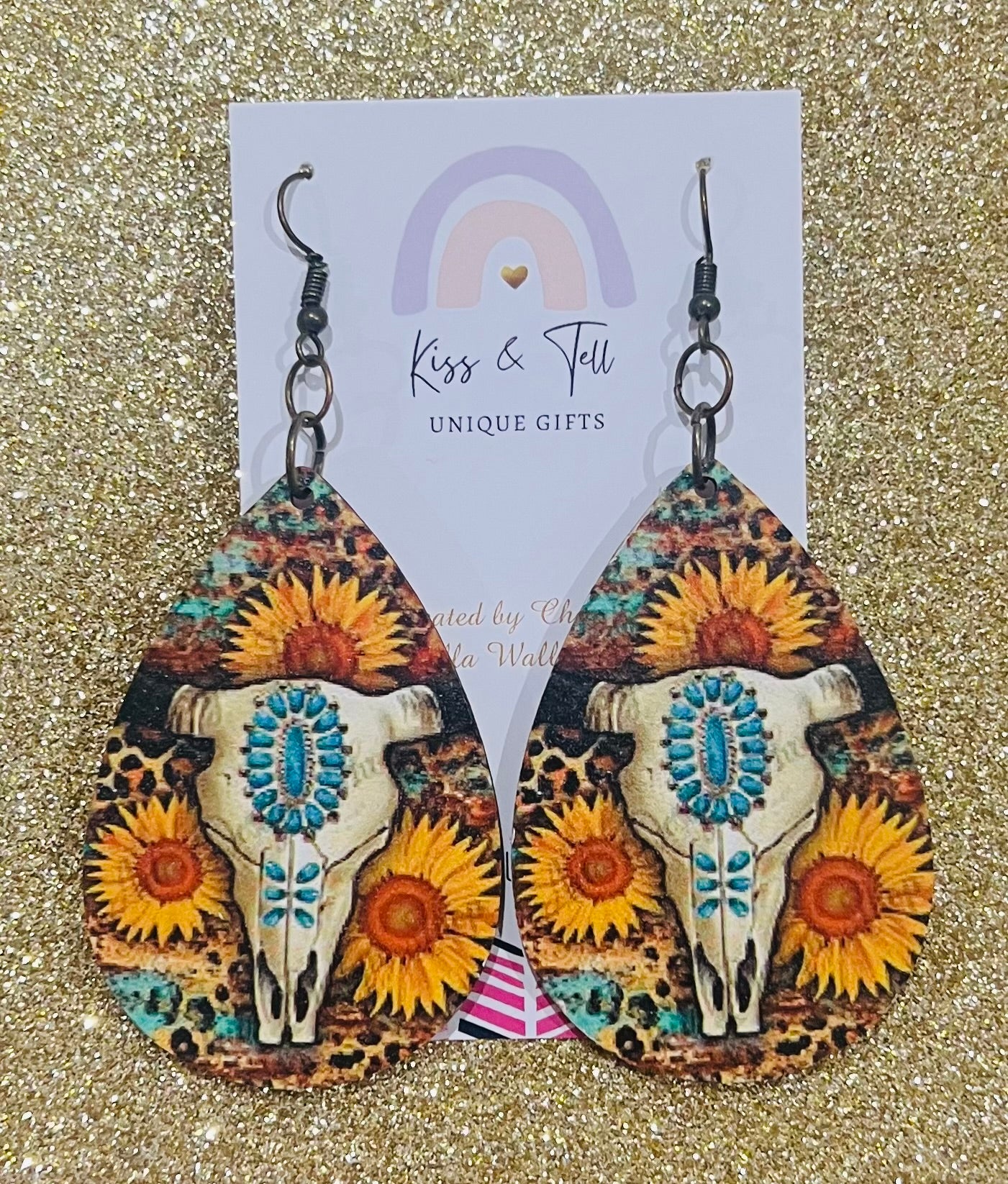 Wooden Floral Skull Dangle Earrings