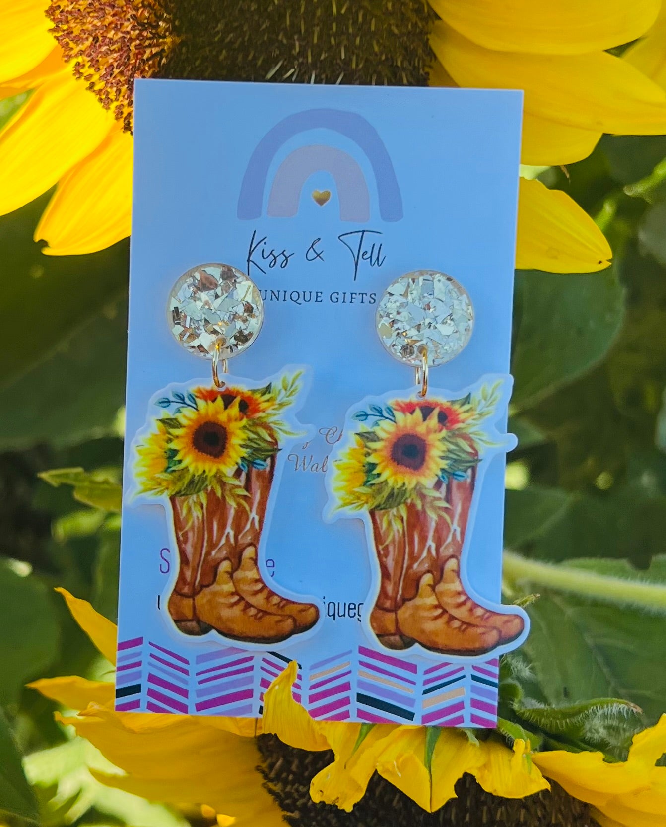 Sunflower Cowgirl Boot Dangle Earrings