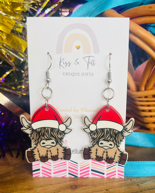 (Double sided) Christmas Highland Cow Dangle Earrings