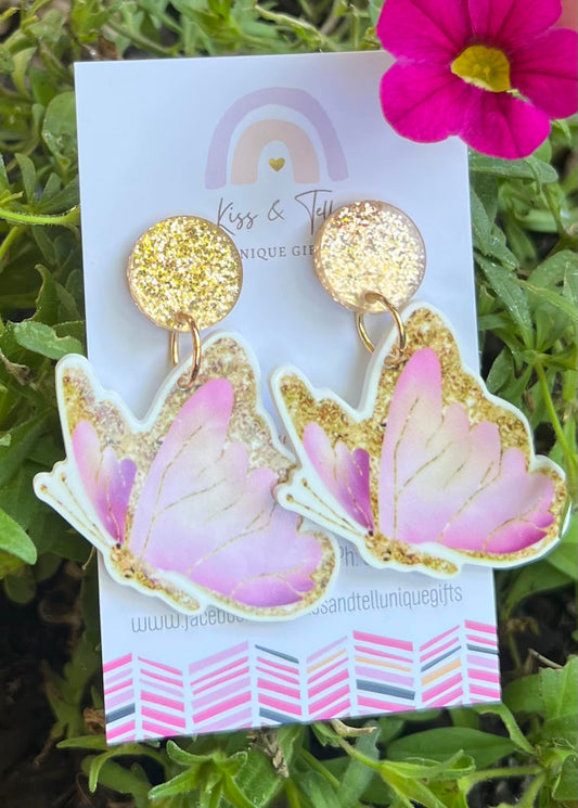 Pink & Gold Butterfly Drop Earrings